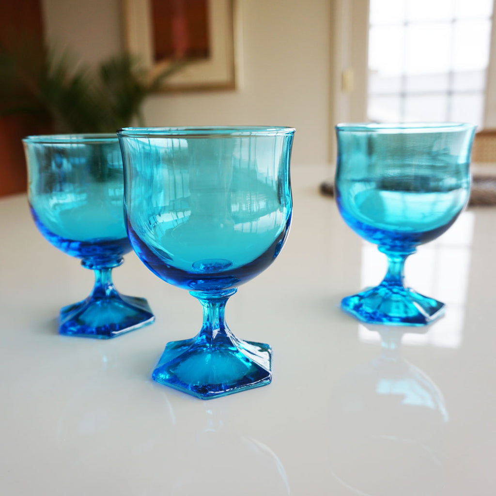 Set of 5 Turquoise Glass Goblets