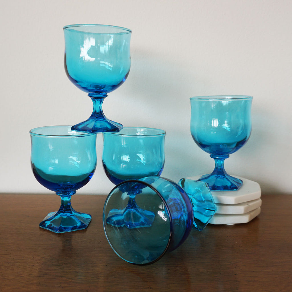 Set of 5 Turquoise Glass Goblets